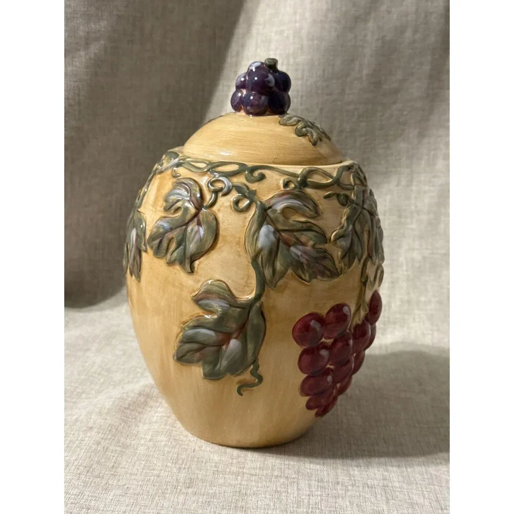 Noble Excellence Ceramic Canister Embossed Vintage Grapes & Leaves Design 10 in